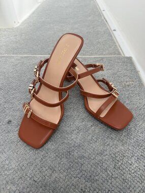 Women's Coffee Kitten Heels Open Toe Slip-on Mules With Three Buckle Comfortable